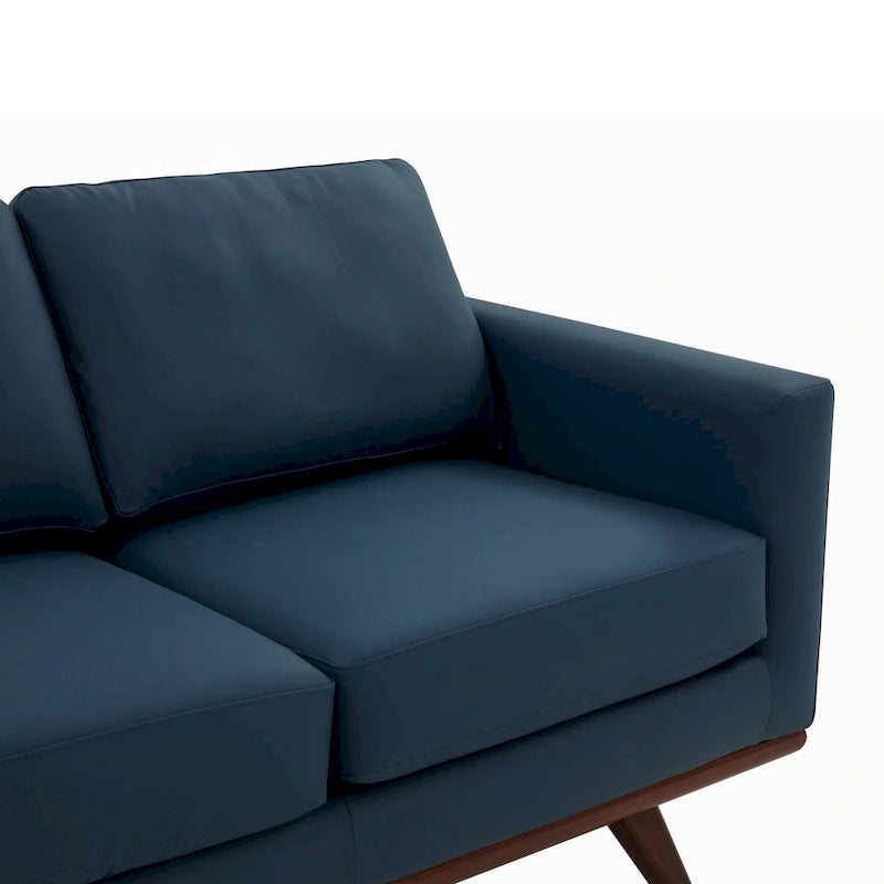 Divano a 3 posti in similpelle color Cognac Tan / Nero / Blu Navy / Bianco / Grigio, con braccioli squadrati e gambe coniche in legno