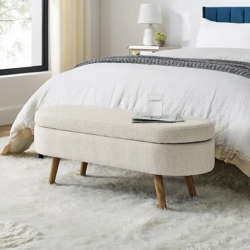 Panca pouf contenitore ovale pieghettata Beige / Bianco / Grigio, sedile singolo, gambe in legno di gomma