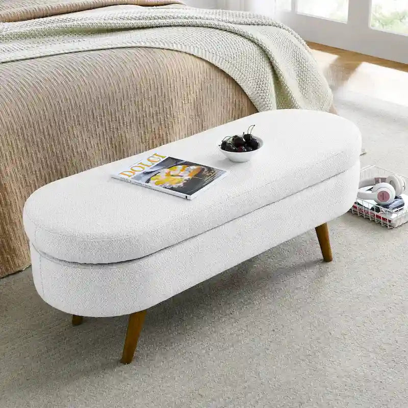 Panca pouf contenitore ovale pieghettata Beige / Bianco / Grigio, sedile singolo, gambe in legno di gomma