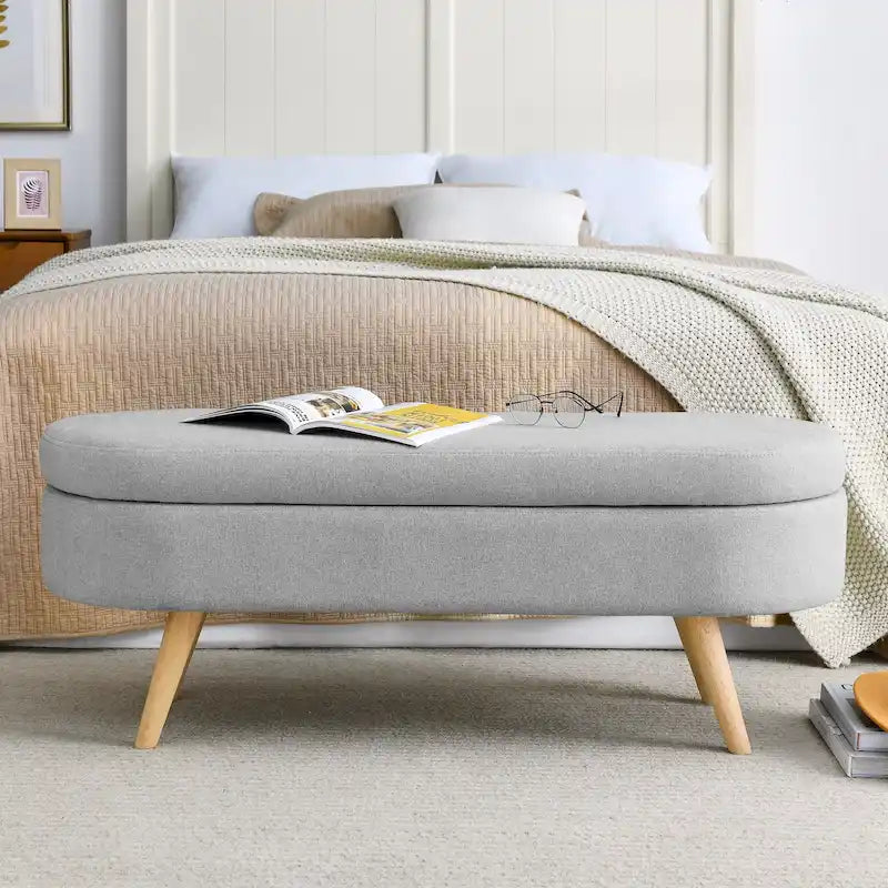 Panca pouf contenitore ovale pieghettata Beige / Bianco / Grigio, sedile singolo, gambe in legno di gomma
