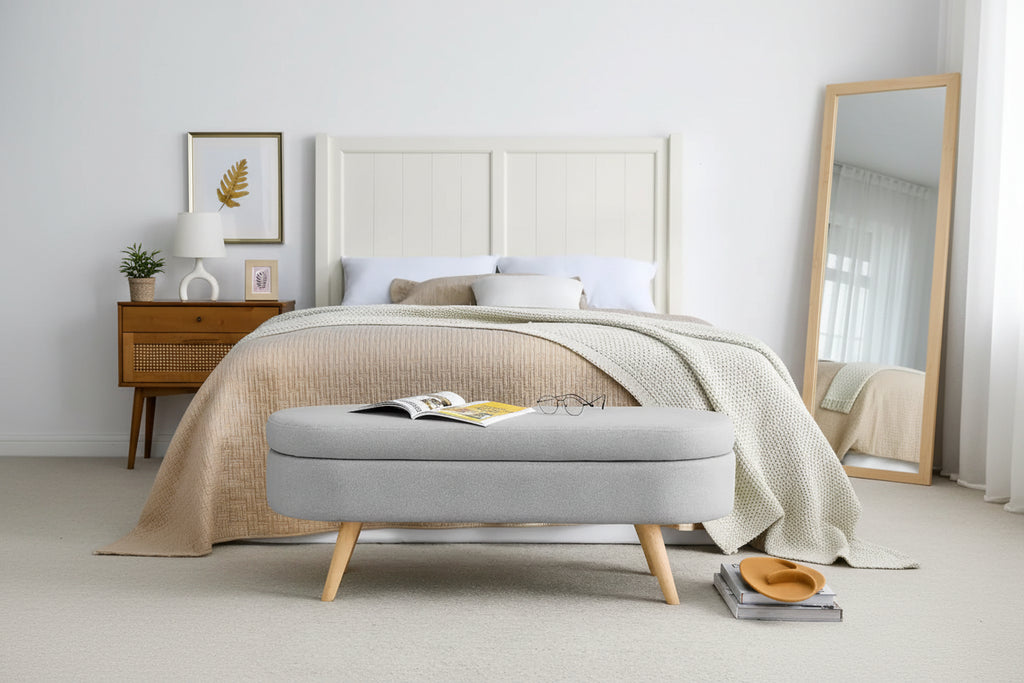 Panca pouf contenitore ovale pieghettata Beige / Bianco / Grigio, sedile singolo, gambe in legno di gomma