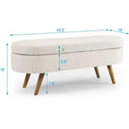 Panca pouf contenitore ovale pieghettata Beige / Bianco / Grigio, sedile singolo, gambe in legno di gomma