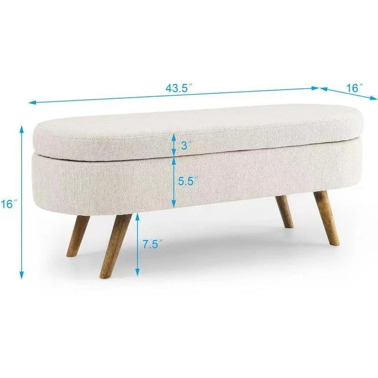 Panca pouf contenitore ovale pieghettata Beige / Bianco / Grigio, sedile singolo, gambe in legno di gomma