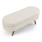 Panca pouf contenitore ovale pieghettata Beige / Bianco / Grigio, sedile singolo, gambe in legno di gomma