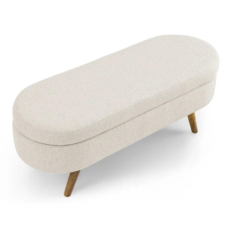 Panca pouf contenitore ovale pieghettata Beige / Bianco / Grigio, sedile singolo, gambe in legno di gomma