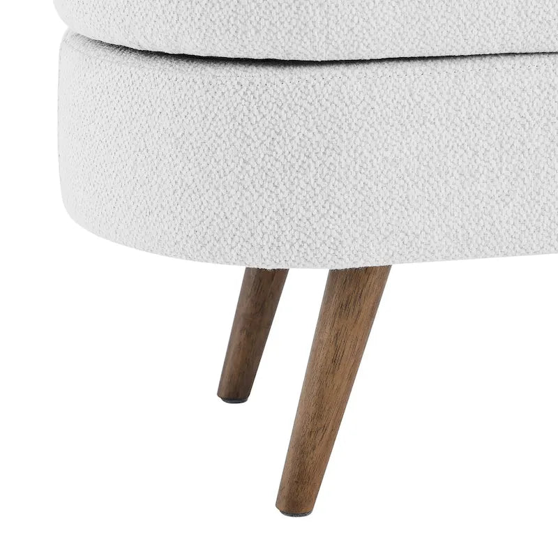 Panca pouf contenitore ovale pieghettata Beige / Bianco / Grigio, sedile singolo, gambe in legno di gomma