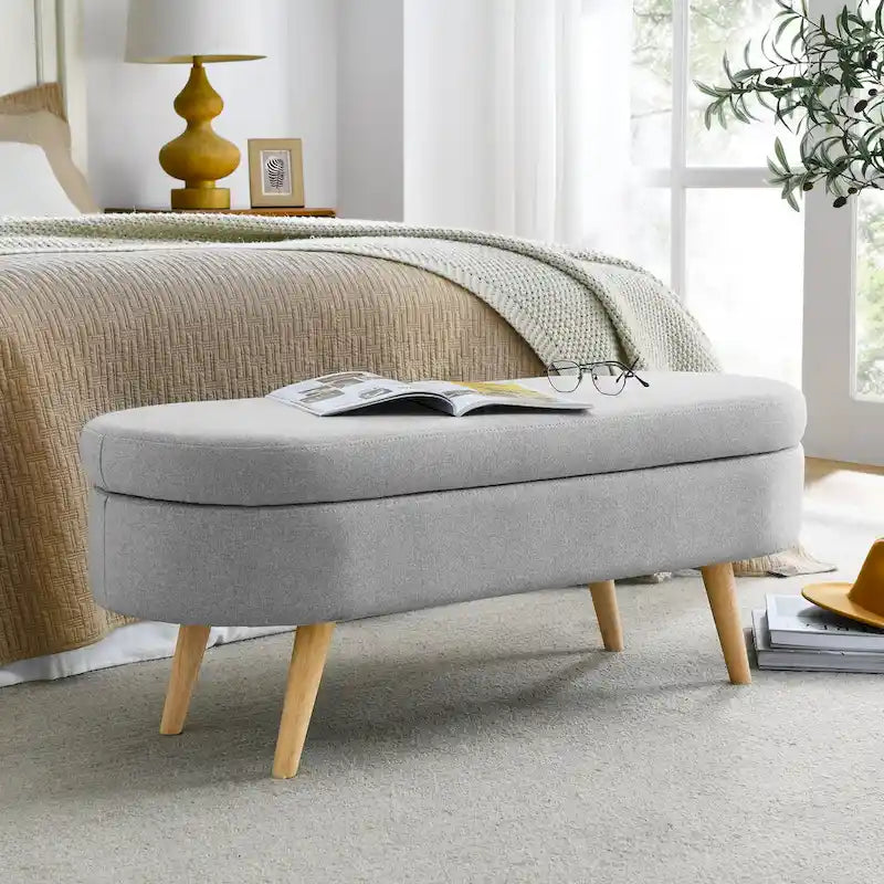 Panca pouf contenitore ovale pieghettata Beige / Bianco / Grigio, sedile singolo, gambe in legno di gomma