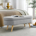 Panca pouf contenitore ovale pieghettata Beige / Bianco / Grigio, sedile singolo, gambe in legno di gomma