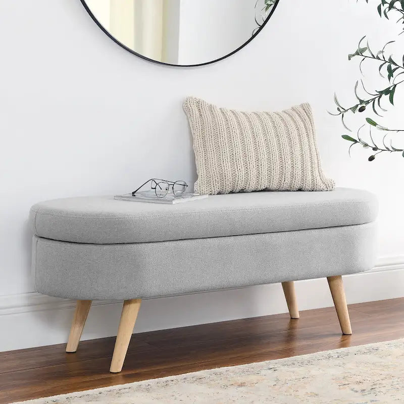 Panca pouf contenitore ovale pieghettata Beige / Bianco / Grigio, sedile singolo, gambe in legno di gomma