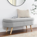 Panca pouf contenitore ovale pieghettata Beige / Bianco / Grigio, sedile singolo, gambe in legno di gomma