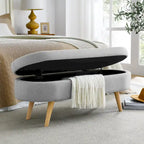 Panca pouf contenitore ovale pieghettata Beige / Bianco / Grigio, sedile singolo, gambe in legno di gomma