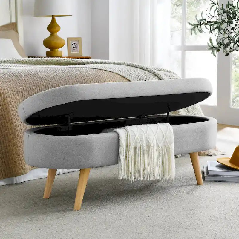 Panca pouf contenitore ovale pieghettata Beige / Bianco / Grigio, sedile singolo, gambe in legno di gomma