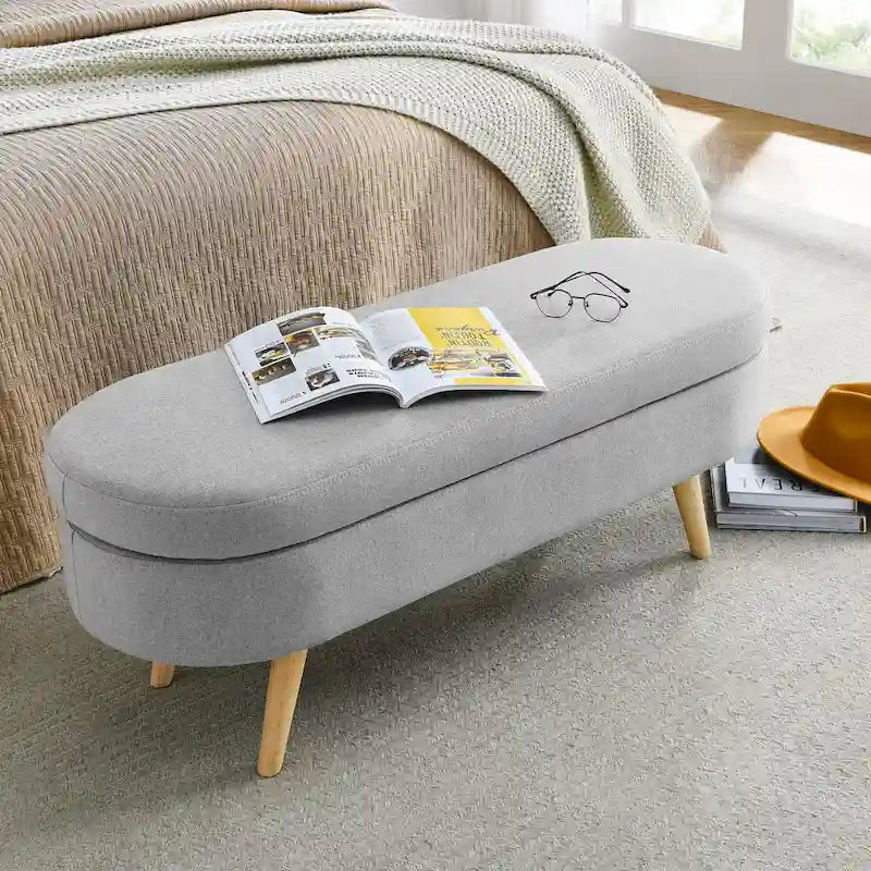 Panca pouf contenitore ovale pieghettata Beige / Bianco / Grigio, sedile singolo, gambe in legno di gomma