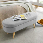 Panca pouf contenitore ovale pieghettata Beige / Bianco / Grigio, sedile singolo, gambe in legno di gomma