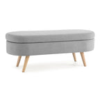 Panca pouf contenitore ovale pieghettata Beige / Bianco / Grigio, sedile singolo, gambe in legno di gomma