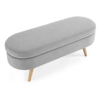 Panca pouf contenitore ovale pieghettata Beige / Bianco / Grigio, sedile singolo, gambe in legno di gomma