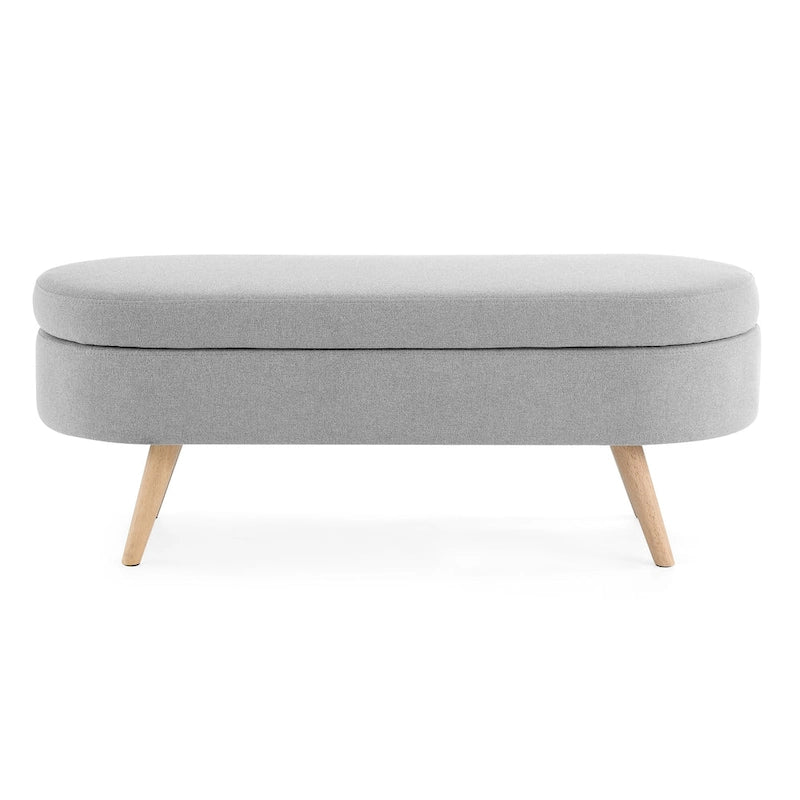 Panca pouf contenitore ovale pieghettata Beige / Bianco / Grigio, sedile singolo, gambe in legno di gomma