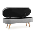 Panca pouf contenitore ovale pieghettata Beige / Bianco / Grigio, sedile singolo, gambe in legno di gomma