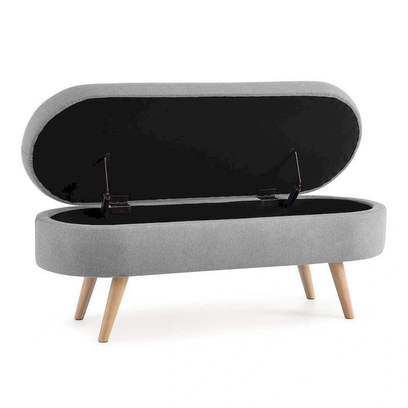 Panca pouf contenitore ovale pieghettata Beige / Bianco / Grigio, sedile singolo, gambe in legno di gomma