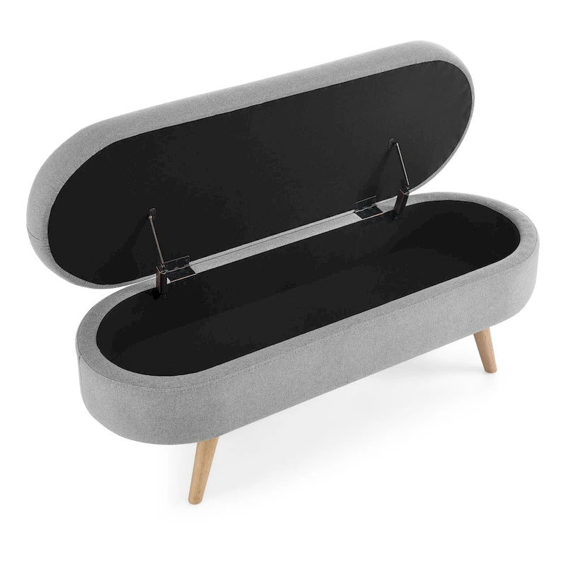 Panca pouf contenitore ovale pieghettata Beige / Bianco / Grigio, sedile singolo, gambe in legno di gomma