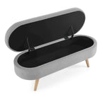 Panca pouf contenitore ovale pieghettata Beige / Bianco / Grigio, sedile singolo, gambe in legno di gomma
