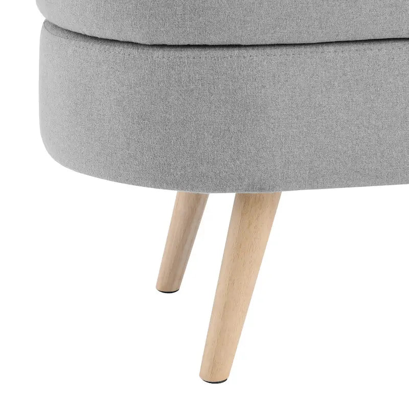 Panca pouf contenitore ovale pieghettata Beige / Bianco / Grigio, sedile singolo, gambe in legno di gomma