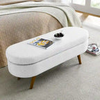 Panca pouf contenitore ovale pieghettata Beige / Bianco / Grigio, sedile singolo, gambe in legno di gomma