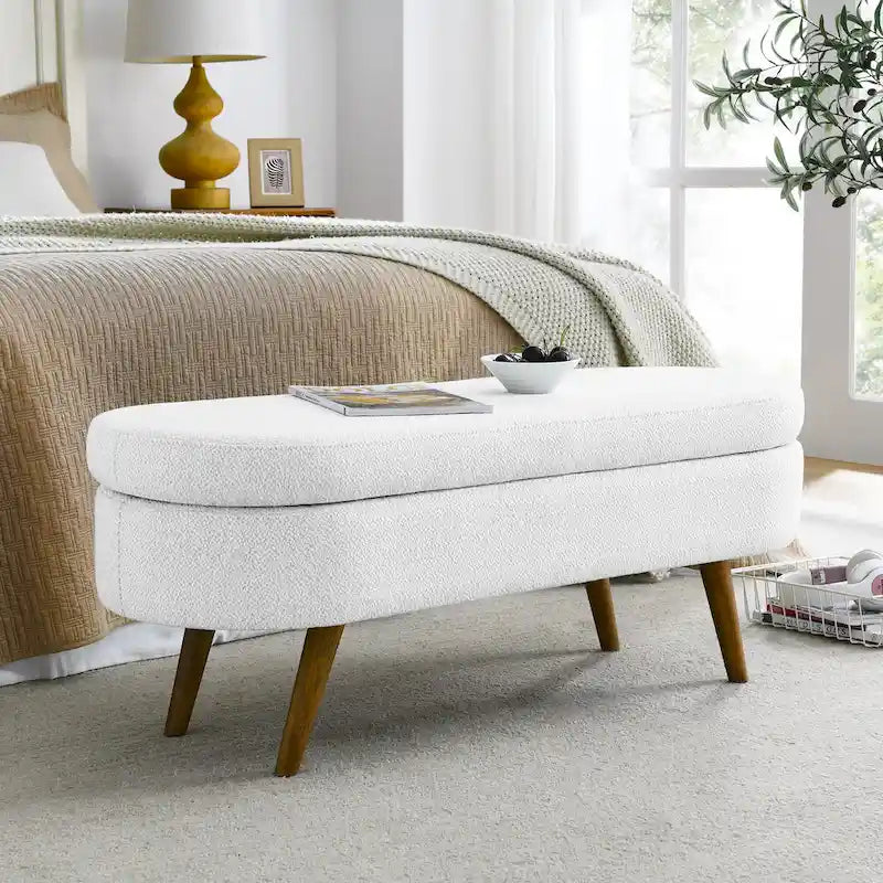 Panca pouf contenitore ovale pieghettata Beige / Bianco / Grigio, sedile singolo, gambe in legno di gomma