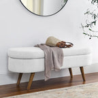 Panca pouf contenitore ovale pieghettata Beige / Bianco / Grigio, sedile singolo, gambe in legno di gomma