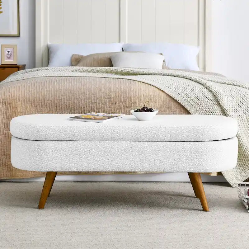 Panca pouf contenitore ovale pieghettata Beige / Bianco / Grigio, sedile singolo, gambe in legno di gomma