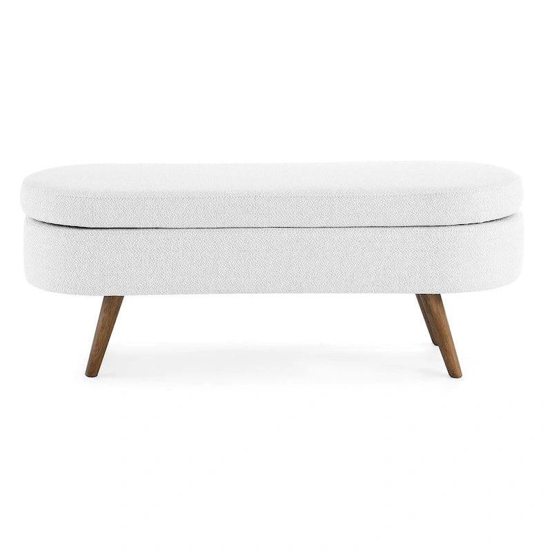 Panca pouf contenitore ovale pieghettata Beige / Bianco / Grigio, sedile singolo, gambe in legno di gomma