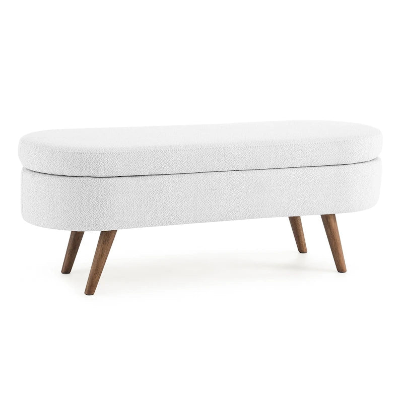 Panca pouf contenitore ovale pieghettata Beige / Bianco / Grigio, sedile singolo, gambe in legno di gomma