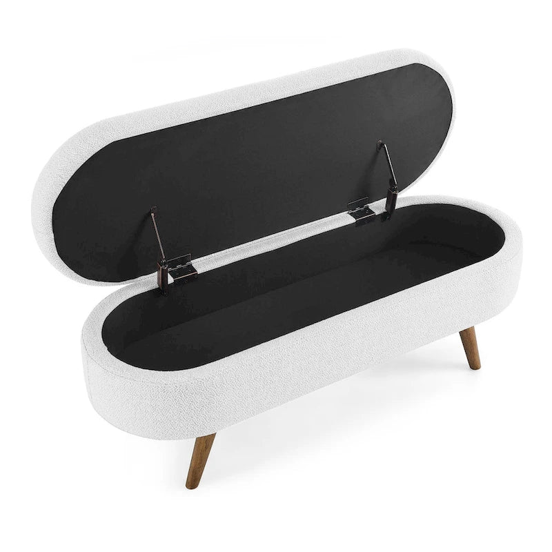 Panca pouf contenitore ovale pieghettata Beige / Bianco / Grigio, sedile singolo, gambe in legno di gomma