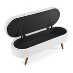 Panca pouf contenitore ovale pieghettata Beige / Bianco / Grigio, sedile singolo, gambe in legno di gomma