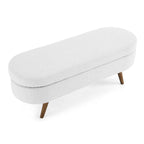 Panca pouf contenitore ovale pieghettata Beige / Bianco / Grigio, sedile singolo, gambe in legno di gomma