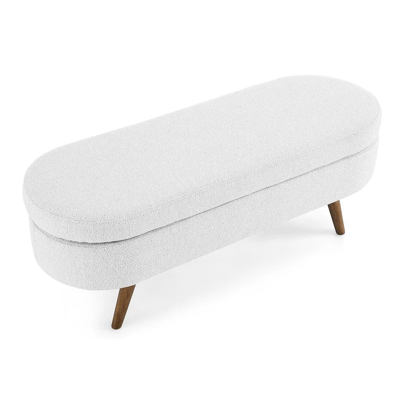 Panca pouf contenitore ovale pieghettata Beige / Bianco / Grigio, sedile singolo, gambe in legno di gomma
