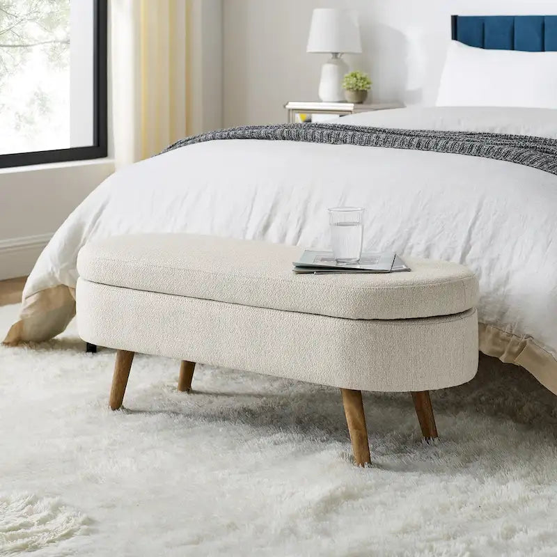 Panca pouf contenitore ovale pieghettata Beige / Bianco / Grigio, sedile singolo, gambe in legno di gomma