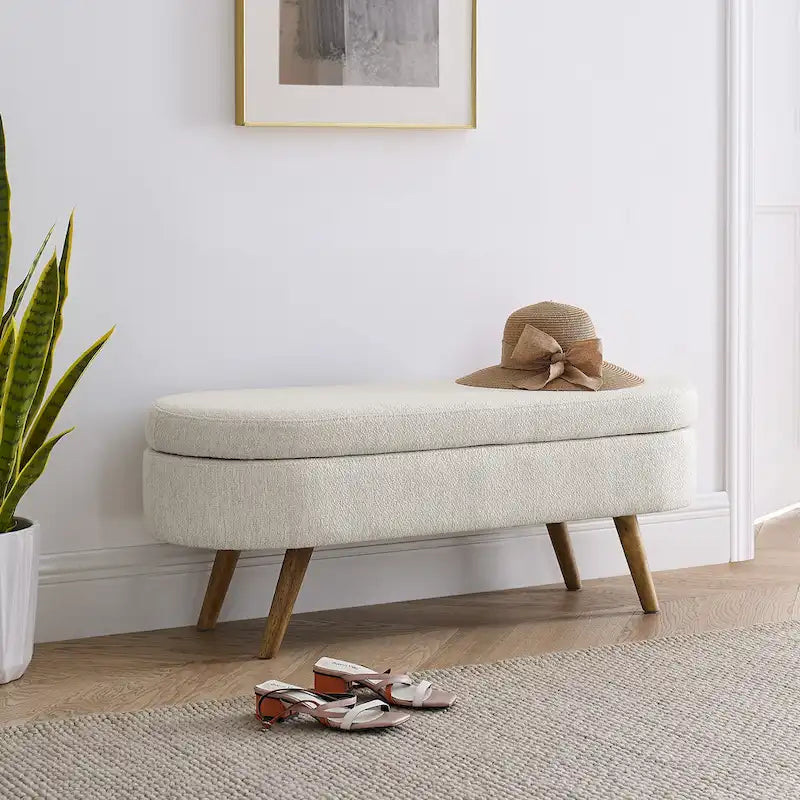 Panca pouf contenitore ovale pieghettata Beige / Bianco / Grigio, sedile singolo, gambe in legno di gomma