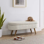 Panca pouf contenitore ovale pieghettata Beige / Bianco / Grigio, sedile singolo, gambe in legno di gomma