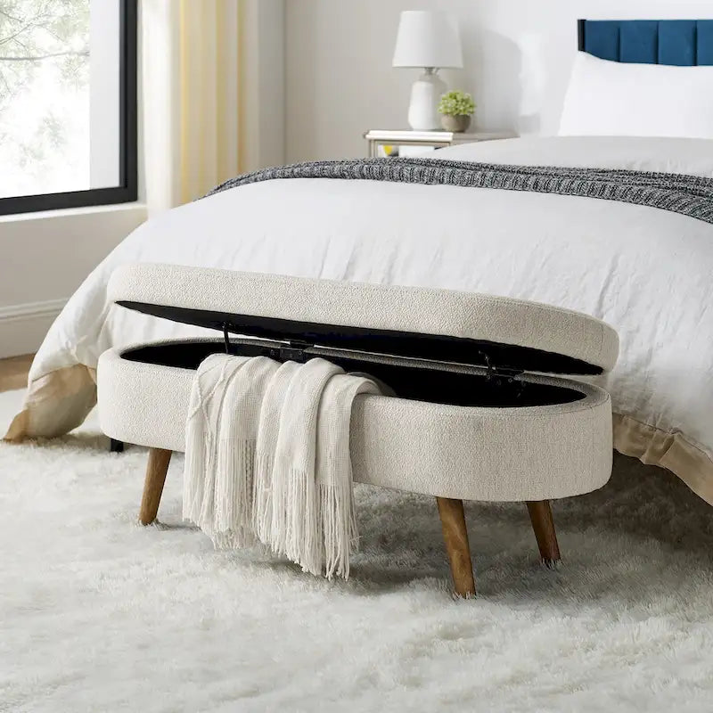 Panca pouf contenitore ovale pieghettata Beige / Bianco / Grigio, sedile singolo, gambe in legno di gomma