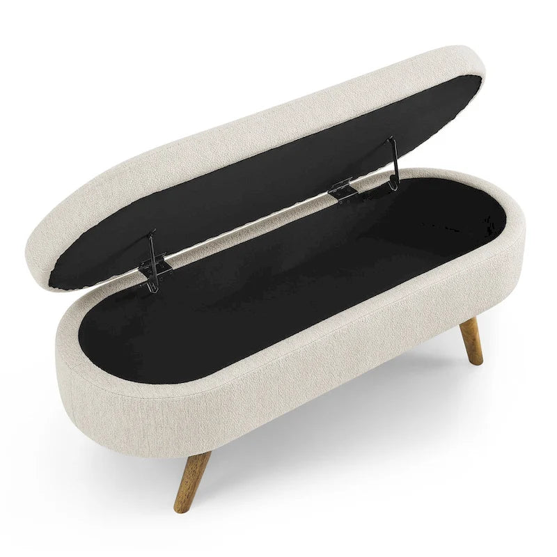 Panca pouf contenitore ovale pieghettata Beige / Bianco / Grigio, sedile singolo, gambe in legno di gomma