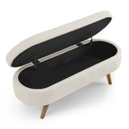 Panca pouf contenitore ovale pieghettata Beige / Bianco / Grigio, sedile singolo, gambe in legno di gomma