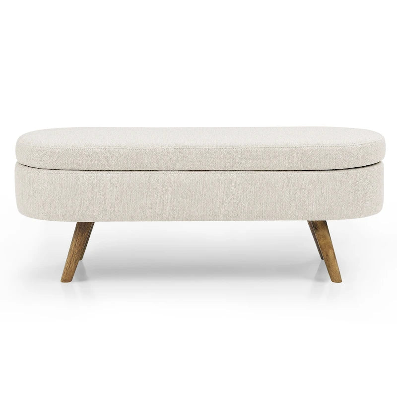 Panca pouf contenitore ovale pieghettata Beige / Bianco / Grigio, sedile singolo, gambe in legno di gomma