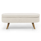 Panca pouf contenitore ovale pieghettata Beige / Bianco / Grigio, sedile singolo, gambe in legno di gomma