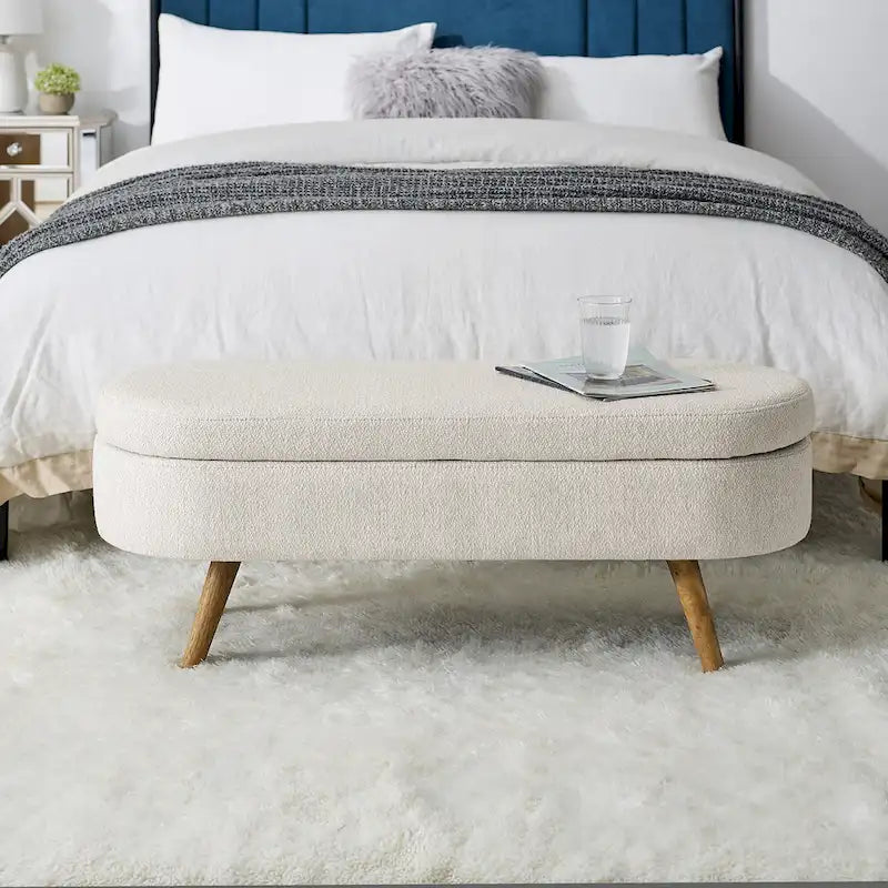 Panca pouf contenitore ovale pieghettata Beige / Bianco / Grigio, sedile singolo, gambe in legno di gomma