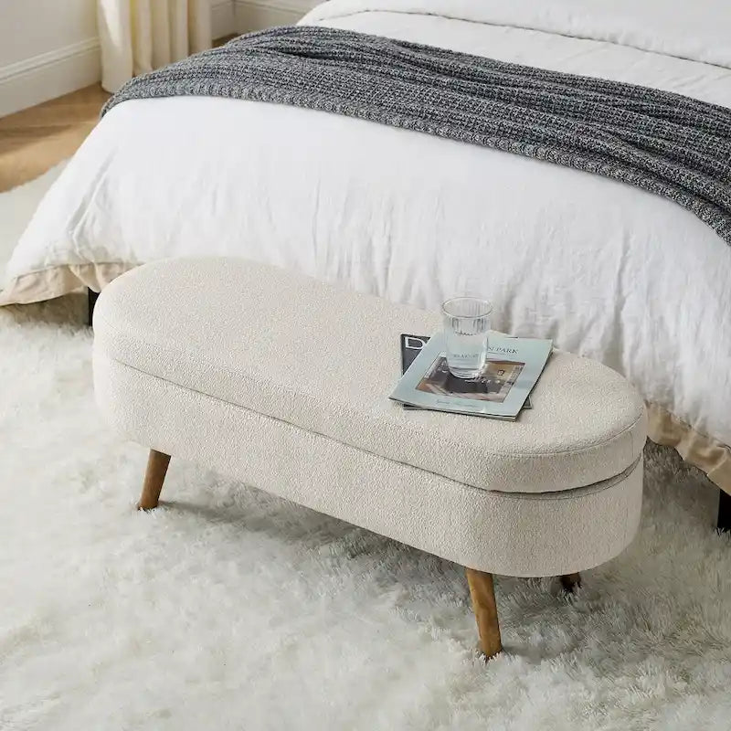 Panca pouf contenitore ovale pieghettata Beige / Bianco / Grigio, sedile singolo, gambe in legno di gomma