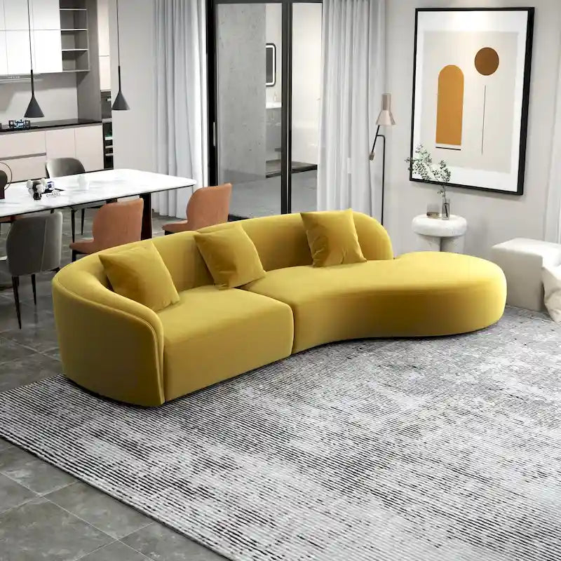 Divano curvo in velluto trapuntato, oro/verde scuro, 2 posti