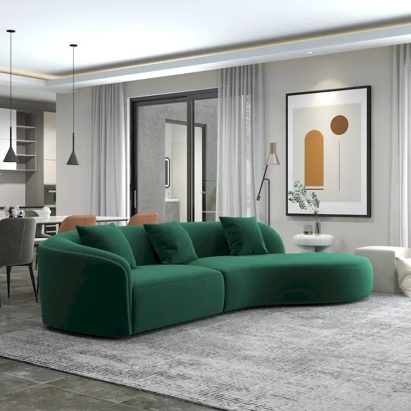 Divano curvo in velluto trapuntato, oro/verde scuro, 2 posti