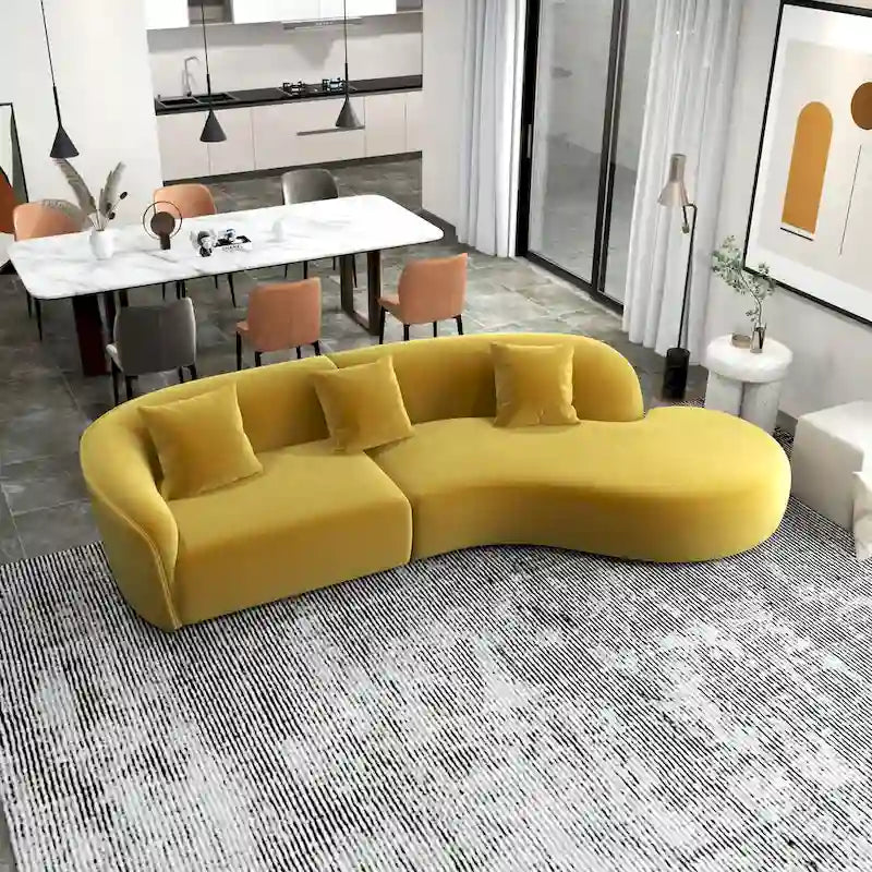 Divano curvo in velluto trapuntato, oro/verde scuro, 2 posti
