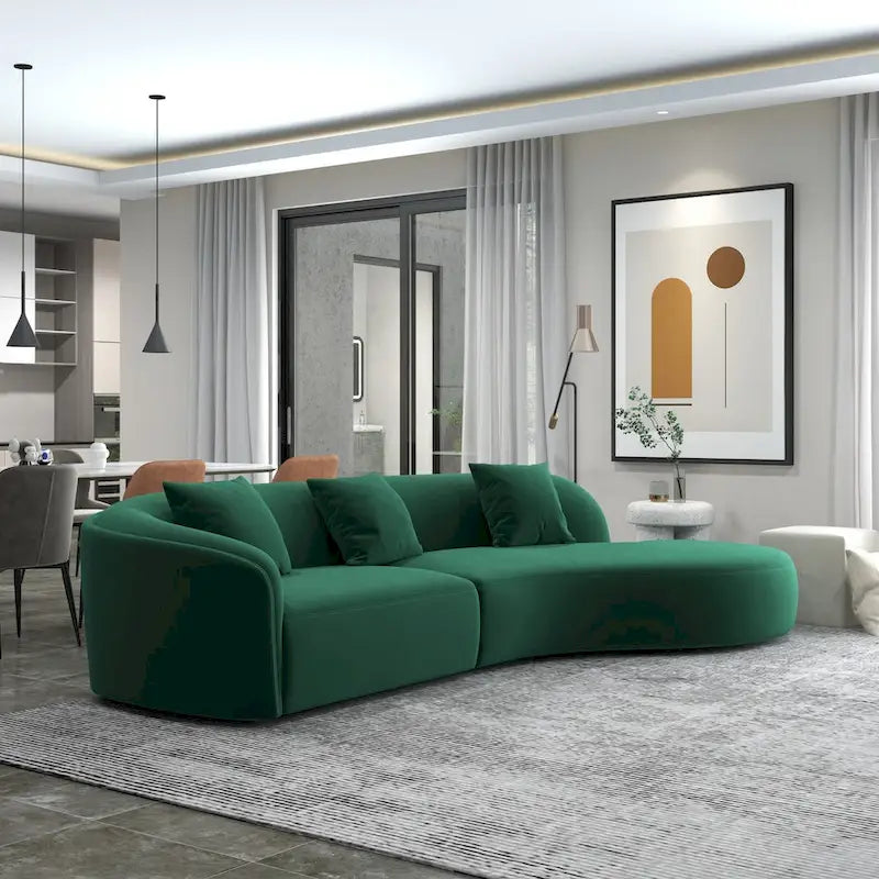 Divano curvo in velluto trapuntato, oro/verde scuro, 2 posti